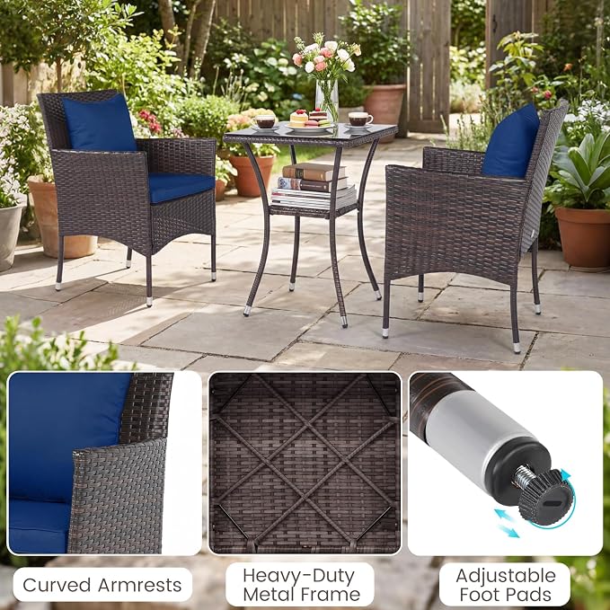 DORTALA Wicker Patio Furniture Set 3 Piece, Small Outdoor Table & Chairs with Tempered Glass Tabletop, Cushions, Rattan Conversation Bistro Set for Balcony, Porch, Backyard, Deck, Mix Brown+Navy
