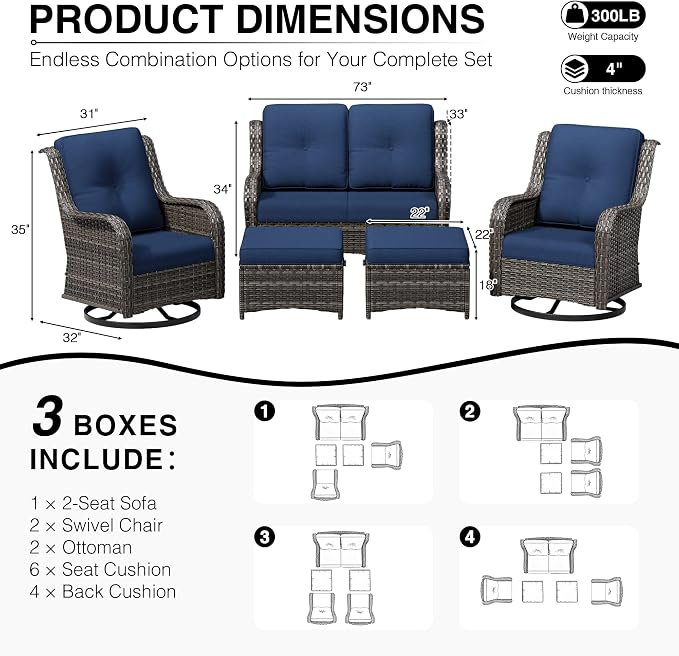 Joyside 5 Piece Wicker Patio Furniture Set, Outdoor Swivel Rocker Patio Chairs with High Back, Deep Seating, Wide Armrest, Thickened Cushions, Outdoor Furniture for Deck, Porch Use