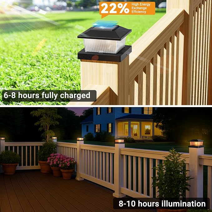 btfarm 4x4 Solar Flame Post Cap Lights Outdoor, 2 Pack Flickering Flame Deck Fence Post Lights, Waterproof Solar Powered Lighting Outside Fit 4x4 3.5x3.5 Wooden/Vinyl for Porch Patio Garden, Black Cap