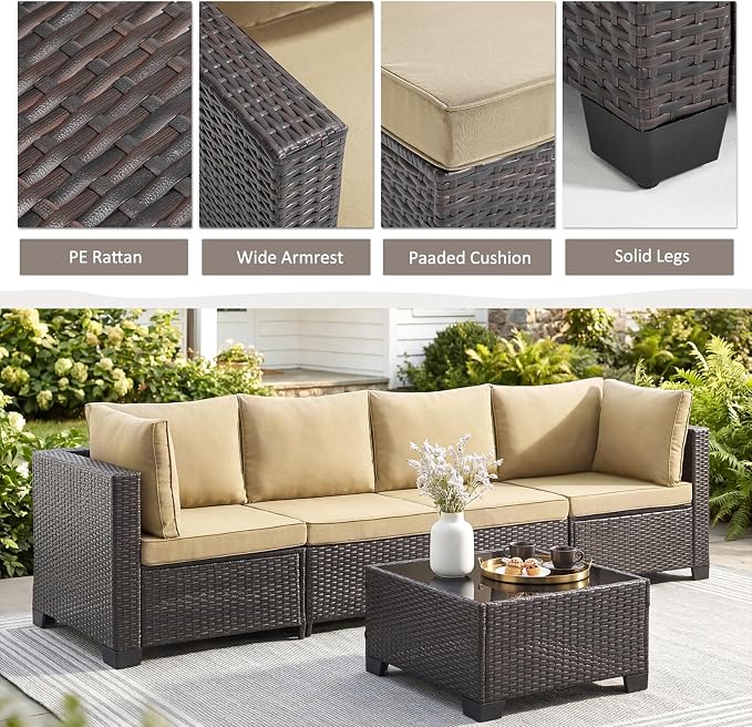 ANJ Outdoor Wicker Patio Chairs Set of 2, Modular Armless Patio Seating with Thick Cushions, All-Weather Rattan Conversation Chair Set for Porch, Balcony, Garden, Backyard, Dark Brown Wicker-Camel