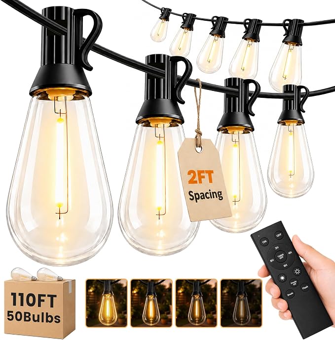 110FT(100+10) Outdoor LED String Lights with 2FT Bulb Spacing, Waterproof, Shatterproof, Dimmable, Warm White, 3 Lighting Modes, Timer, Plug in Hanging Backyard Lights for Outside, Patio