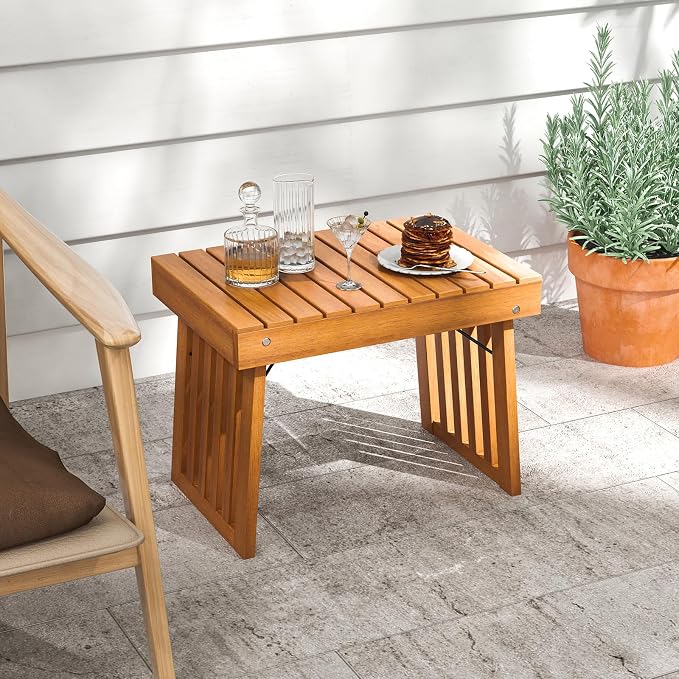 HAPPYGRILL Outdoor Folding Side Table, Foldable Patio Acacia Wood End Table with Slatted Tabletop & Leg Frame, Small Outside Table for Backyard Poolside Porch (Teak Finish)