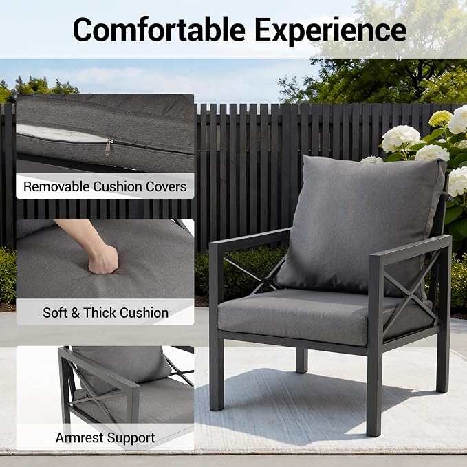 2-Piece All-Weather Metal Patio Furniture Set, Outdoor Bistro Armchairs with Cushions, Heavy Duty Steel Frame & Washable Cushions for Backyard Garden (Grey)