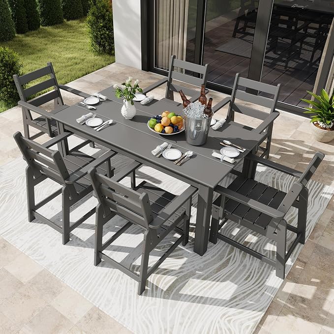 GREENVINES 7 Piece HDPE Outdoor Patio Dining Set, Removable Armrests, Gray