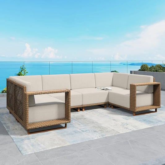 SUNSHINE VALLEY Patio Furniture Set, Outdoor Sectional Yellow Rattan Wicker Sofa with 10''Ultra-Thick Cushions, All Weather Conversation Set, 6 Seats Lawn Garden Backyard Furniture