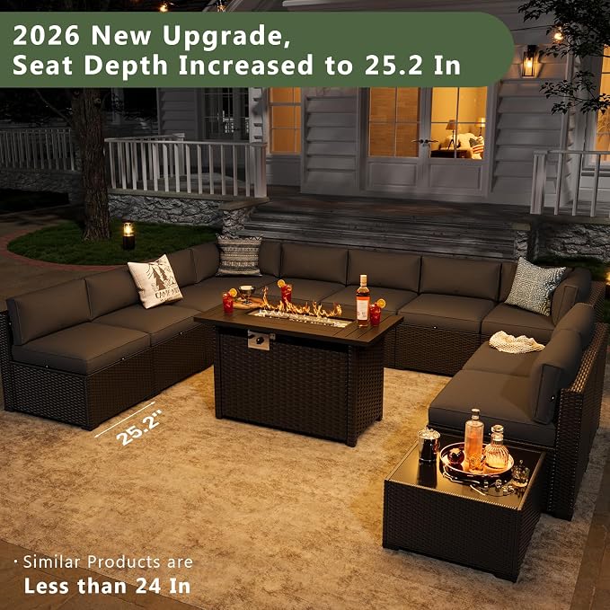 Aoxun 15 Piece Patio Furniture Set with 44” Fire Pit Table Wicker Patio Sectional Sofa Set Outdoor Seating Furniture with Thickened Cushion, Black