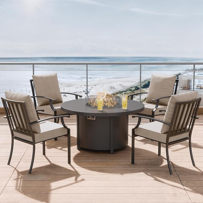 ALAULM 5-Piece Outdoor Dining Set for 4 Metal Outdoor Patio Furniture with 40000 BTU Round Fire Pit Table for Patio, Backyard, Garden-Sand