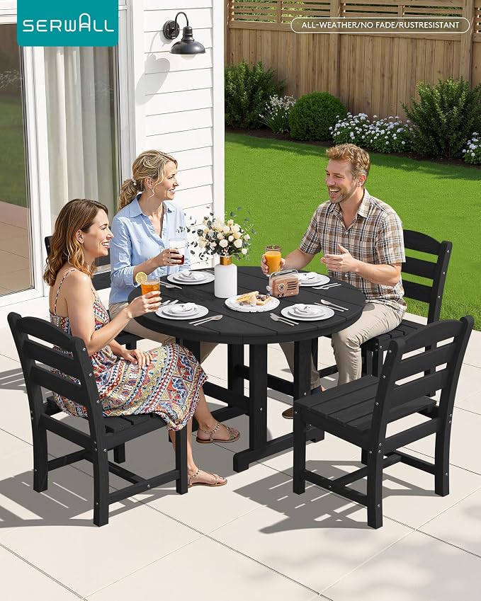 SERWALL 5-Piece Outdoor Round Dining Sets, HDPE Patio Table and Chairs Furniture Set, 45" Round Dining Table and 4 Armless Dining Chairs, Black