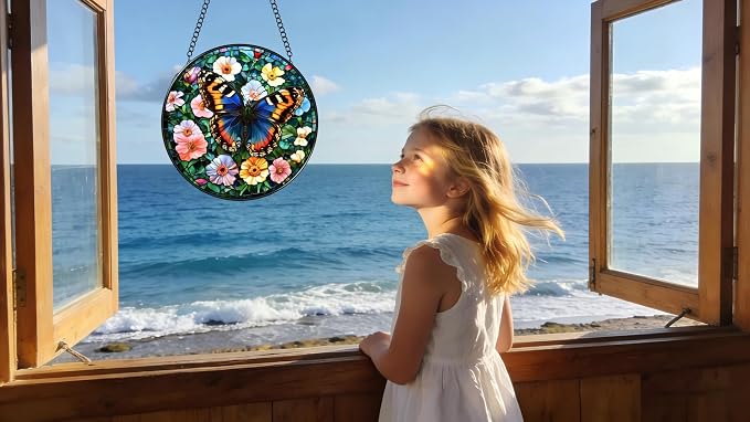 Stained Glass Window Hanging - A Beautiful Butterfly is Dancing in The Sea of Flowers 6.3 Inches Suncatcher for Garden Home Decor for Women Mom Grandma Friends
