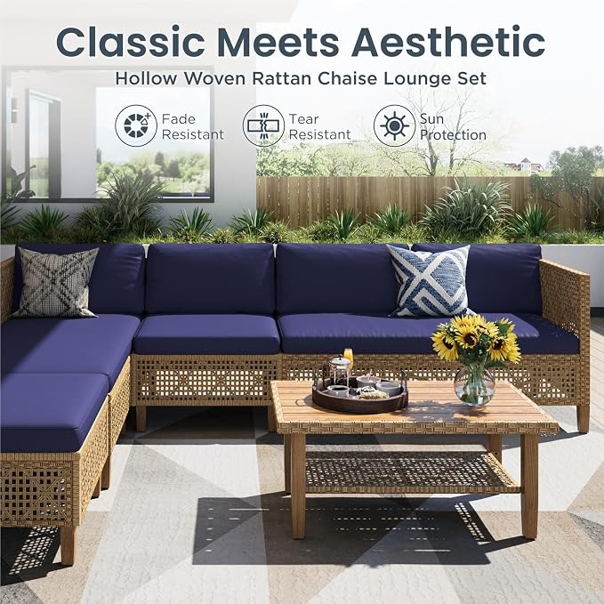 PHI VILLA Sectional Outdoor Couch, L-Shaped Wicker Patio Sofa Set, Small Rattan Patio Furniture Set with Acacia Wood Coffee Table for Deck Porch, 4 Seats, Navy Blue Cushion