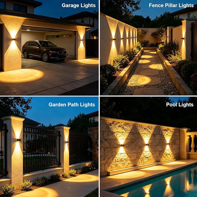 Solar Fence Lights Outdoor, IP65 Waterproof Wall Lighting with Dual Focused Brighter LED Up Down - 3000K/4000K/6000K Dusk to Dawn 12h for Backyard/Patio/Porch/Wall Decor（8 Pack）