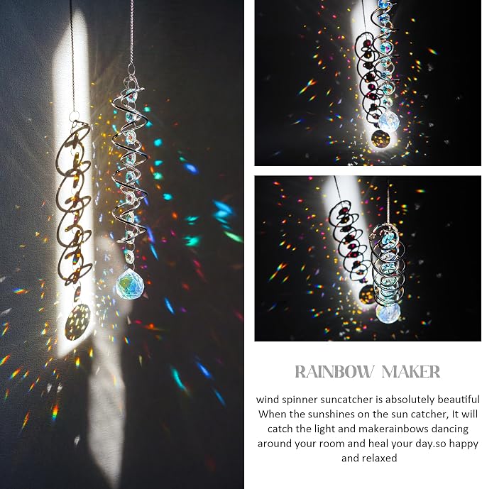 20.5in Crystal Gazing Ball Spiral Wind Spinner Garden Decor | Colorful Crystal Suncatcher with Octagonal Beads Spiral Tail Rainbow Maker Hanging for Indoor Outdoor Garden Patio Yard Decor