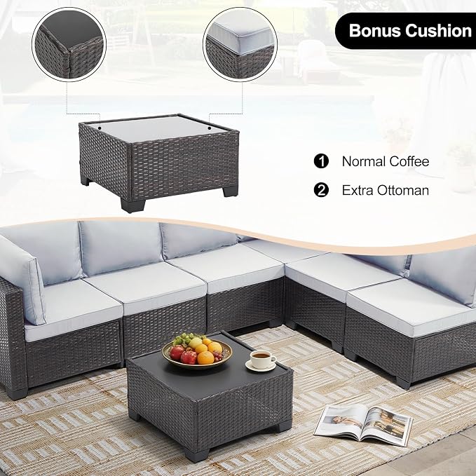 CANMOV 5 Pieces Patio Furniture Sets, All Weather Outdoor Patio Conversation Set, Wicker Sectional Rattan Sofa Couch with Glass Coffee Table and Washable Cushions for Backyard Garden, Porch,Light Grey