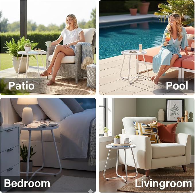 LITA Outdoor Side Table Metal Steel Weather Resistant Round End Table for Patio Balcony Living Room, Small Lightweight Weatherproof Accent Table,White,Modern