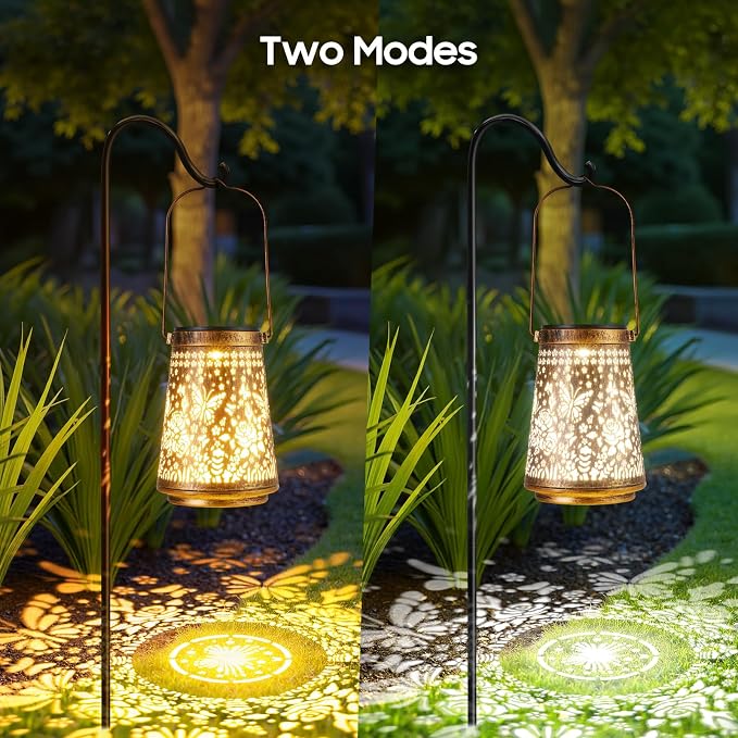 2 Pack Solar Lanterns Outdoor Waterproof, Birthday Gifts for Women Mom | Hollow-Out Metal Butterflies Lantern, 2 Lighting Modes, Outside Hanging Solar Lights for Christmas Decorations, Garden Decor