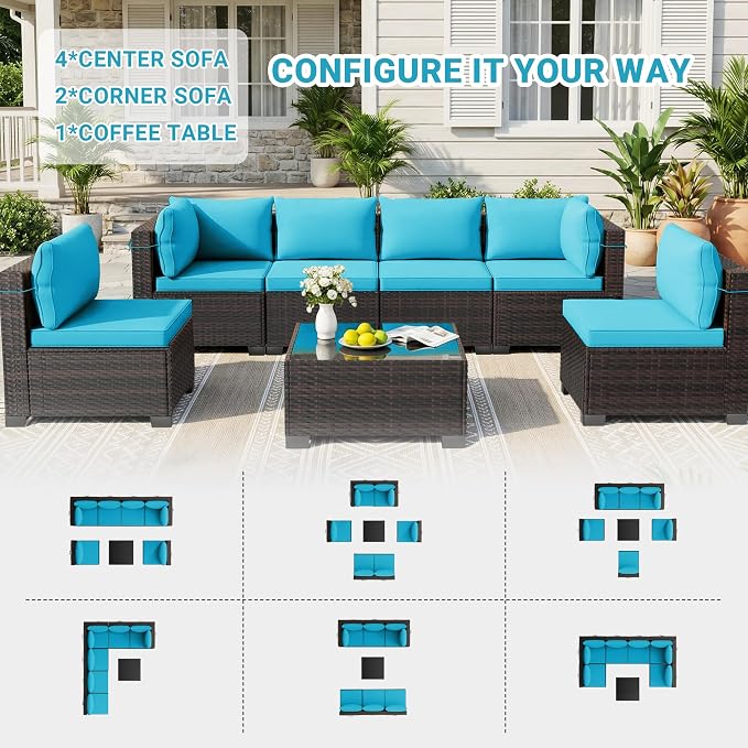 LAFWLL 7 Pieces Outdoor Patio Furniture Sets,Rattan Conversation Sectional Set,Manual Weaving Wicker Patio Sofa with Tea Table