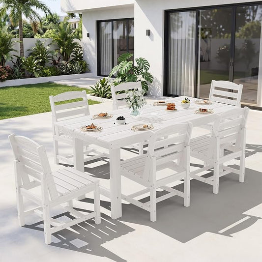 KINGYES 7-Piece Patio Dining Set, HDPE Table and Armless Chairs Outdoor Furniture Set with Umbrella Hole, White