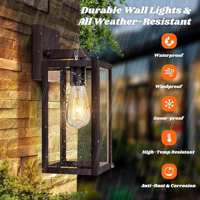 2-Pack Outdoor Wall Light Fixtures, Brown Waterproof Anti-Rust Exterior Wall Sconce Lantern with Clear Glass, Modern Outside Front Porch Lights for House Garage Doorway, Bulbs Not Included