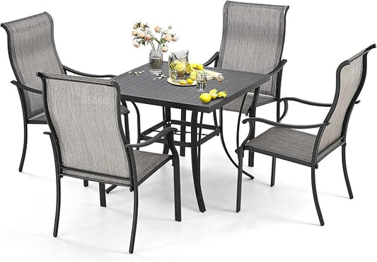 HAPPATIO Patio Dining Sets,5 Piece Outdoor Dining Set,4 Textilene Dining Chairs and 1 Square Dining Table with Iron Slat Table Top. Easy to Maintain and Weather-Resistant. (Grey)