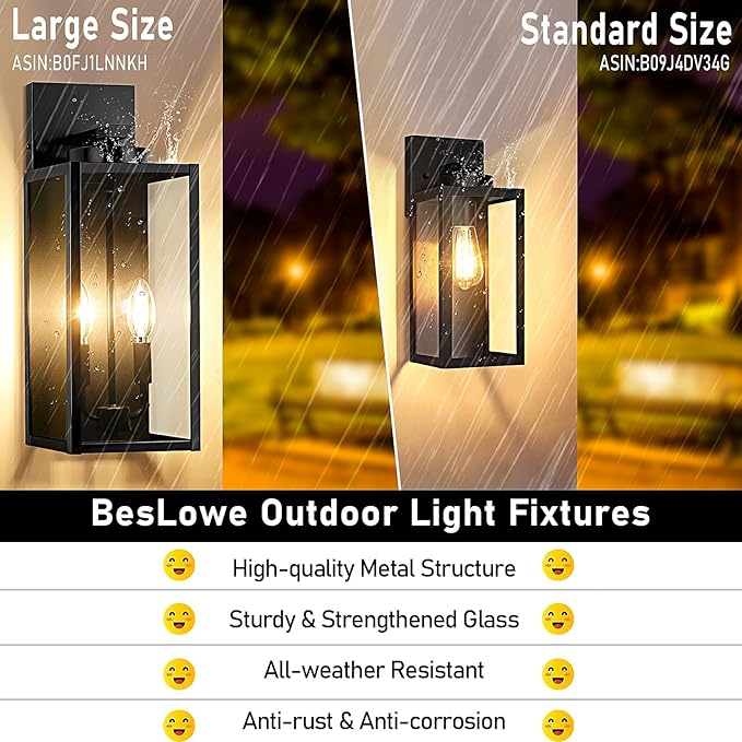 BesLowe 18’’ Large Outdoor Wall Lights, Modern Black Exterior Wall Lanterns | Waterproof Metal Construction, Rust-resistant, Quick & Easy Installation, Clear Glass Shades & E12 Socket