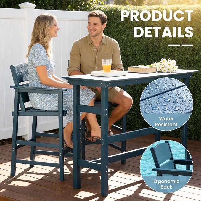 4 Pack HDPE Outdoor Bar Height Chairs, 28.5" All-Weather Patio Stools with Comfortable Armrests, Heavy-Duty Poly Wood High Top Seating for Outdoor Kitchen/Garden/Fire Pit/Backyard, Blue