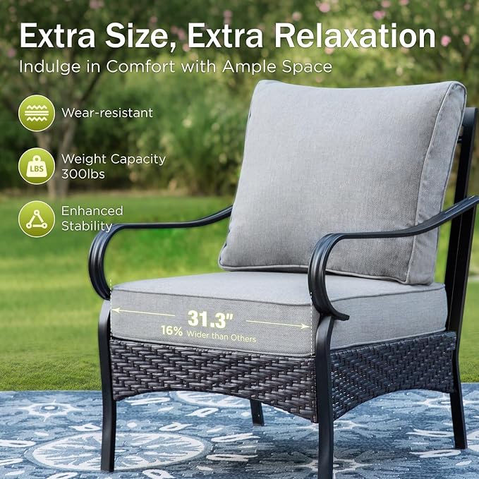 PHI VILLA Patio Furniture Set, Extra Large Wicker & Metal Outdoor Conversation Set Patio Sectional Sofa Set with Fixed Chair & Waterproof Thick Cushions for Porch, Poolside, Deck(7 Pieces, Grey)