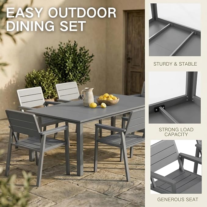 Kingdura 7 Piece Patio Dining Set for 6, HDPE & Metal Outdoor Table & Chairs with Umbrella Hole, All-Weather Outdoor Furniture Patio Conversation Set for Lawn Pool Backyard, Grey