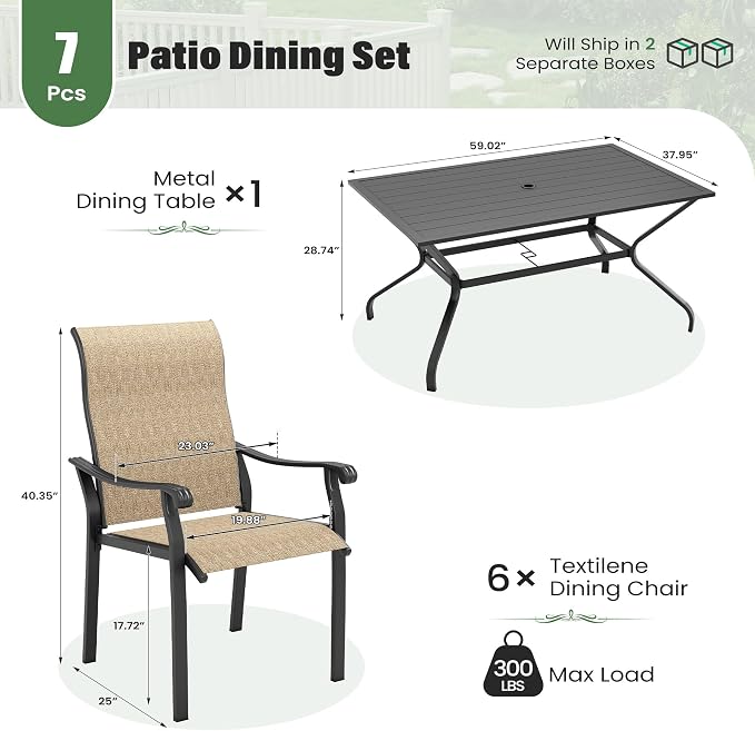 UDPATIO 59"×38" Metal Outdoor Dining Table All-Weather Resistant with Umbrella Hole Furniture for Patio, Black, 1 Table