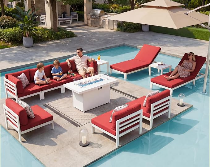 NICESOUL 11 Piece Oversized Modular Aluminum Outdoor Furniture Set with Chaise Lounge, 29" Deep and Wide Sectional Seating, 500 lbs High Weight Capacity Patio Conversation Set for Poolside Deck, Red