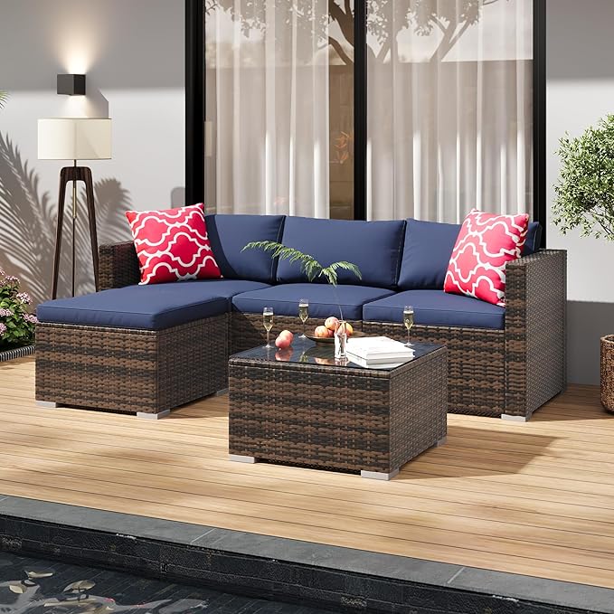 PeakPursuit Outdoor Patio Furniture Set, 5 Pieces Rattan Patio Conversation Sets with Glass Coffee Table and Cushion,All Weather Outdoor Patio Sofa for Garden, Poolside, Backyard,Blue