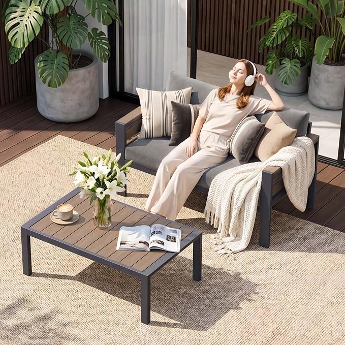 DoCred Aluminum Loveseat Sofa with Coffee Table for Patio Furniture Set | Patio Conversation Set Outdoor Sofa Set for Porch, Balcony, Deck, Yard, Poolside