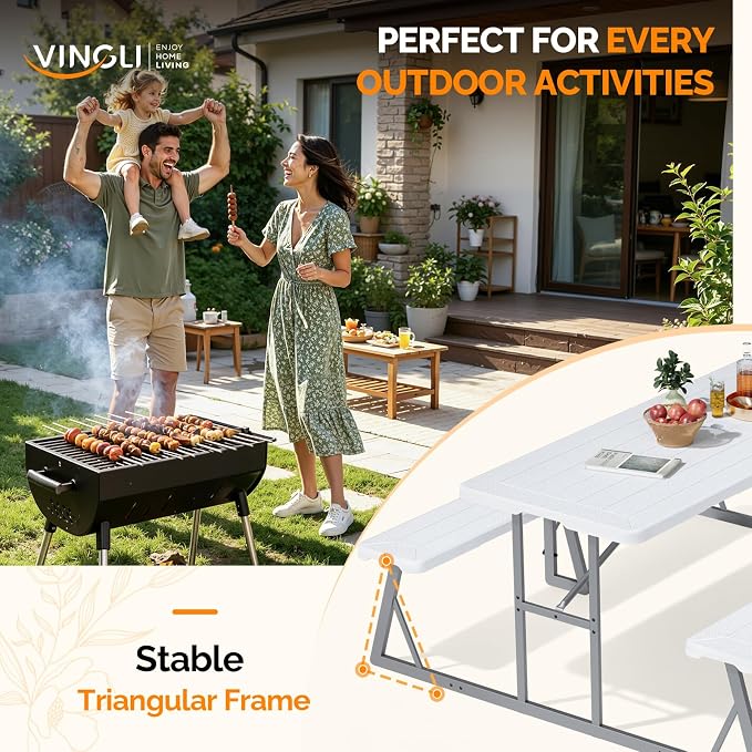 VINGLI Outdoor Picnic Table with 9 ft Umbrella, Wood Grain HDPE Top with Metal Frame Plastic Picnic Table for Dining Party Garden (White Table, Khaki Umbrella)