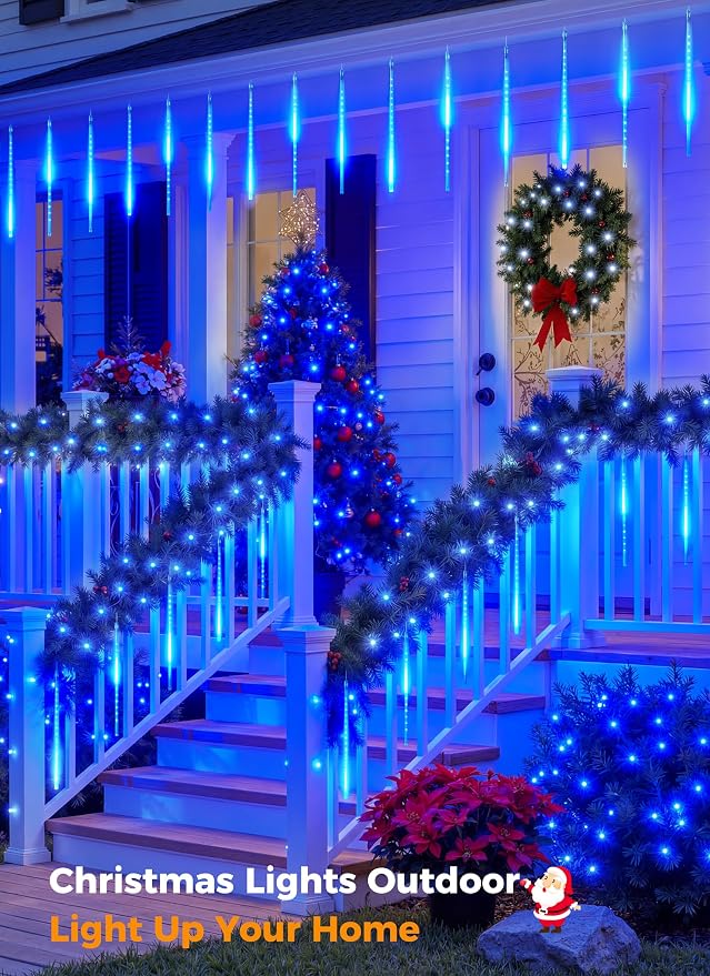 Meteor Shower Lights Outdoor,16 Inch 10 Tube 360 LED Icicle Christmas Light | Waterproof Meteor Christmas Lights Outdoor, Connectable Hanging Falling Rain Light for Tree Bushes Holiday Decoration, Blue