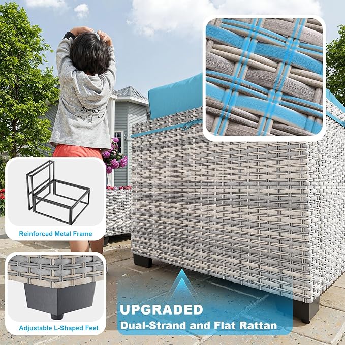 11-Piece Patio Furniture Set, Outdoor Patio Furniture with 55,000 BTU Fire Pit Table, Swivel Chairs Set, Thick Cushions, Modular Patio Sofa, Dual-Strand Wicker Rattan, Rust-Resistant Frame, Blue