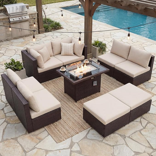 BULEXYARD 9 Piece Highback Patio Furniture Set with Fire Pit Table, Modern Modular Outdoor Sectional Couch Sofa with Ottoman, 8-Seater Backyard Seating for Exterior, Deck, Brown Wicker & Beige Cushion