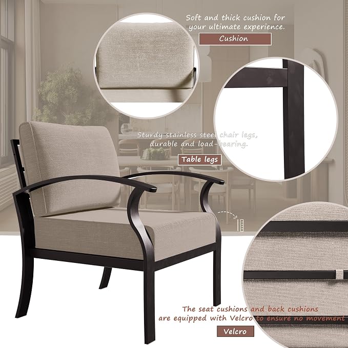 Patio Furniture Set 3-piece Aluminum Armrest Sofa, All-Weather Patio Conversation Set with Tempered Glass Top Table & Removable Sponge Cushions for Backyard Poolside - Sand.