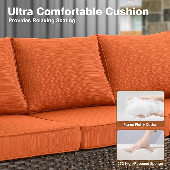 ovios 7 Pieces Patio Furniture Set, Outdoor Wicker Sofa Couch with 54" Fire Pit Table Comfy Cushions, All Weather Brown Rattan Conversation Set for Backyard Deck, Orange Red