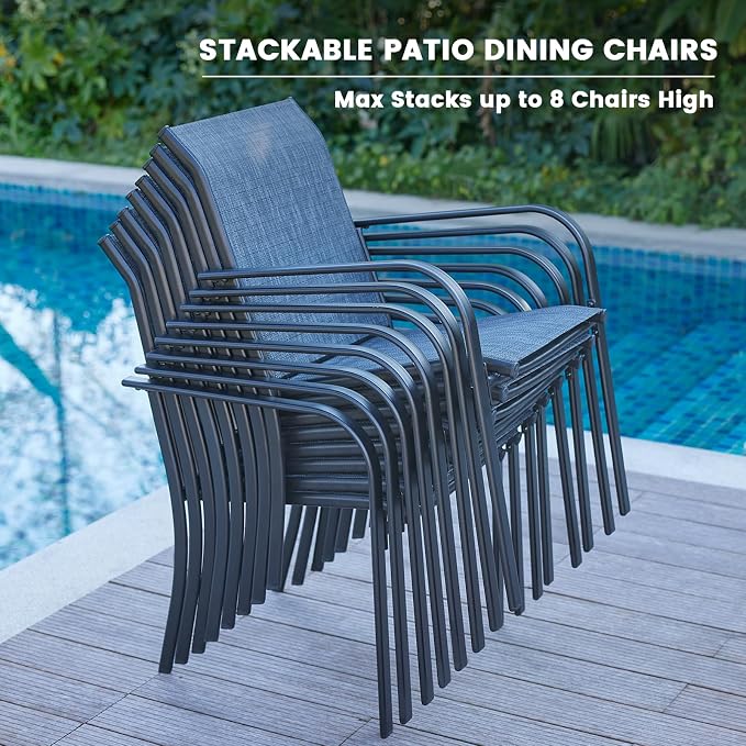 VICLLAX Outdoor Dining Set for 2, Small Patio Table and Chairs Set of Stackable Patio Sling Chairs and Square Dining Table for Front Porch, Dark Grey Fabric and Black Table