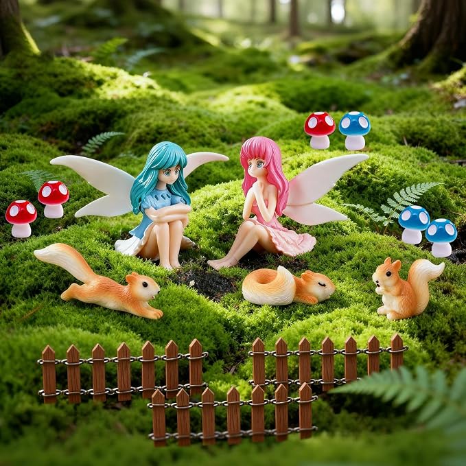 Fairy Garden Figurines for Outdoor: 14-Piece Miniature Resin Mushroom Squirrel Fence Set - Sun and Rain-Resistant Colors Stay Bright - Ideal for Gardening and Miniature Landscape Enthusiasts