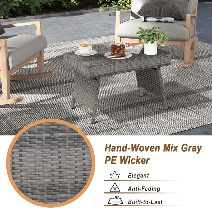 Tangkula Outdoor Folding Rattan Side Table, Rectangular Wicker End Table for Outdoor Furniture, Wicker Coffee Table for Patio Poolside Lawn Garden Patio, Mix Grey