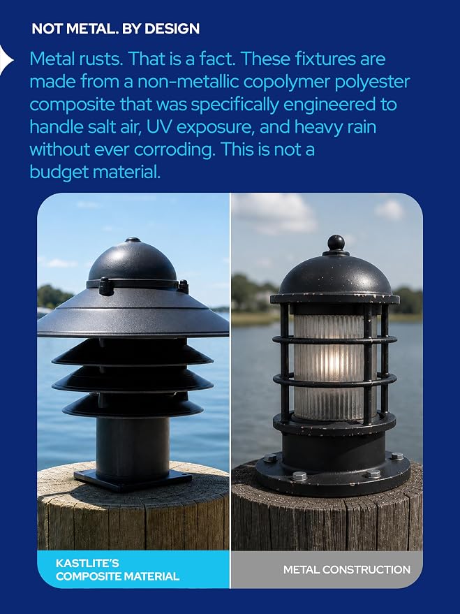 Nautical Pier Mount Outdoor Lighting - Salt-Air Tough Rust-Proof Non-Metallic Coastal Lamps - UL Listed Dock Lights - Patio Fence Deck Porch Lights Outdoor - USA Made, Short, Basic, Black