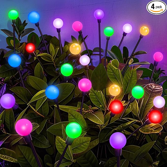 Solar Garden Lights Outdoor Waterproof, Swaying Firefly Light, Garden Decor | 4 Pack Solar Firefly Lights, Multicolor Changing Decor for Yard, Patio, Pathway and Lawn, Gifts for Women, Christmas Decor