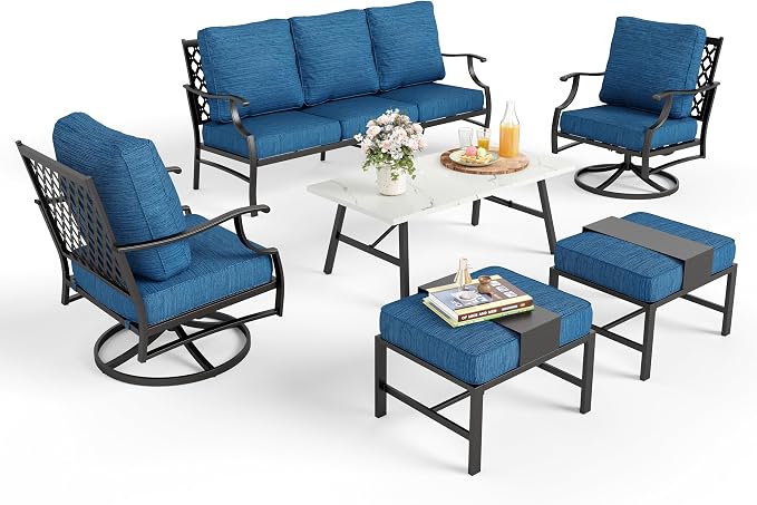 MIXPATIO Patio Furniture Set 6 pcs, Outdoor Patio Furniture, 3-Seat Sofa, 2 Swivel Chairs, 2 Ottomans, Coffee Table and 5.75" Extra Thick Cushion, Conversation Set for Backyard Deck, Gemstone Blue