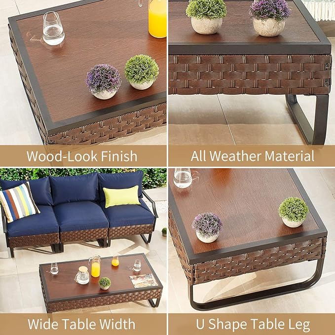 Rectangle Patio Coffee Table Outdoor Wicker Furniture with U Shape Steel Leg for Garden, Porch, Balcony, Deck (47.2" W x 23.6" D x 13.7" H)