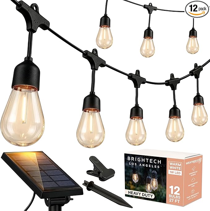 Brightech Ambience Pro 27 Ft Solar Powered Outdoor String Lights - Commercial Grade Waterproof Patio Lights with Edison Globes, Shatterproof LED String Lights for Patio - 2W, Warm White, 12 Bulbs