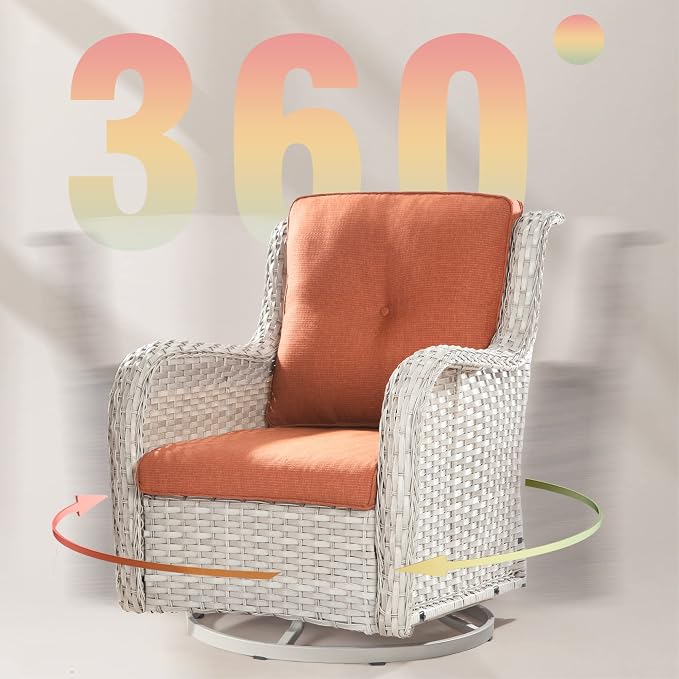 Joyside Outdoor Swivel Rocker Patio Chairs Set of 2 and Matching Side Table - 3 Piece Wicker Patio Bistro Set with Premium & Soft Fabric Cushions(Light Grey/Orange)