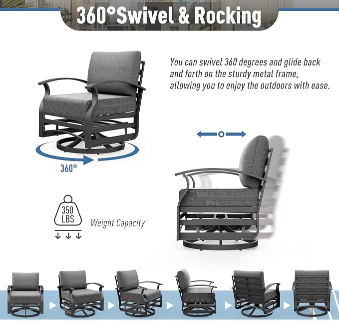 Kurapika Aluminum Patio Furniture Set 5-Seat Modern Outdoor Conversation Sets w/Swivel Rocking Chairs with Rectangular Coffee Table, Grey