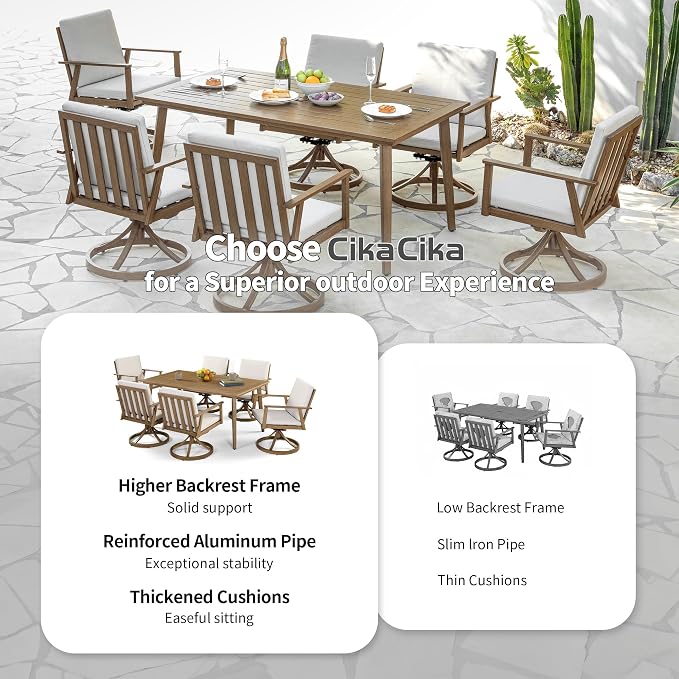 7 Pieces Patio Dining Set for 6, Aluminum Outdoor Dining Table Sets with Umbrella Hole, Modern Outdoor Patio Furniture Set with 6 Swivel Chairs and Table for Backyard, Poolside and Deck,Teak