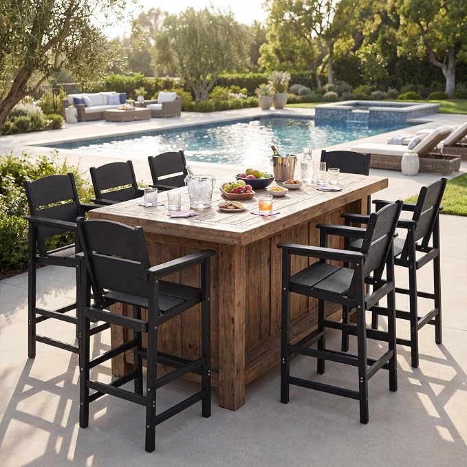HDPE Outdoor Bar Height Chairs Set of 6, 28.5" Seat All-Weather High Top Patio Stools with Backrest, Heavy Duty Patio Bar Stools with Arms, High Top Outdoor Chairs for Deck/Party/Pool, Black