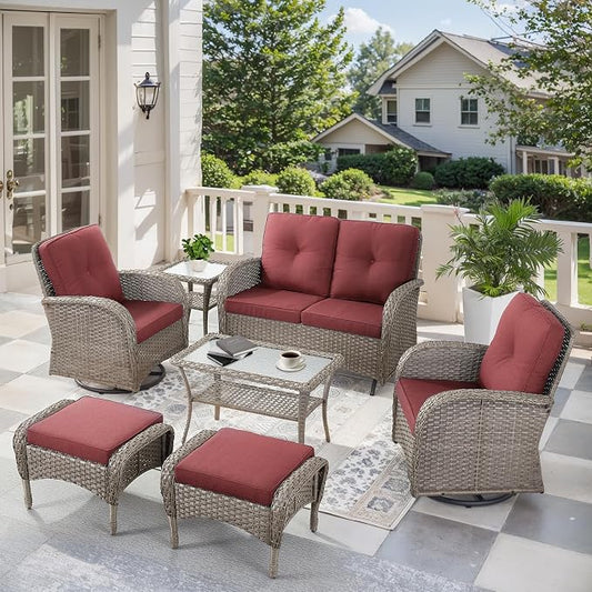 7 Pieces Patio Furniture-Patio Swivel Chairs Set of 2 Outdoor Glider Bench Rocking Chair with Patio Ottomans Patio Conversation Sets for Deck Porch Garden Balcony Poolside-Grey/Red
